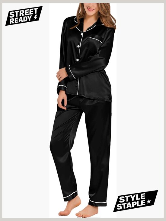 Other - Silk Satin Pajama Set Long Sleeve Button Down Sleepwear 2 Piece Lounge Set